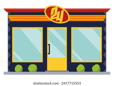 Facade store or shop exterior. Street business building front isolated on white background. Can use for pharmacy, bistro cafe or retail. Colorful vector illustration in cartoon flat style