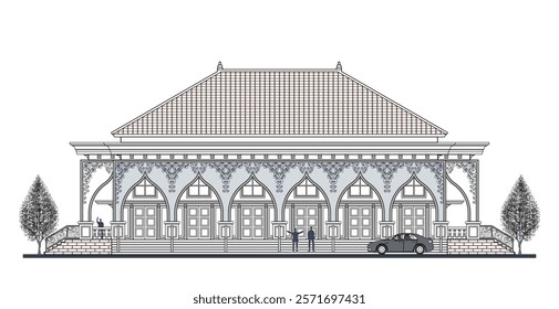 Facade of a storey symmetrical modern classic building with 6 doors, 9 columns, trapezoidal roof, balustrade, frames, decoration, stairs, crowns, canopy  and its elements design.