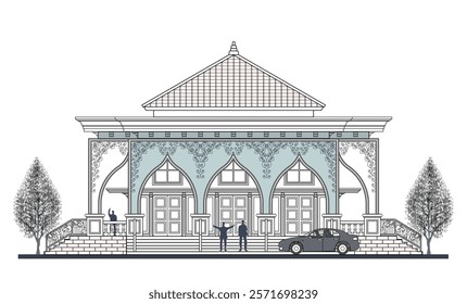 Facade of a storey symmetrical modern classic building with 3 doors, 6 columns, triangular roof, balustrade, frames, decoration, stairs, crowns, canopy  and its elements design.