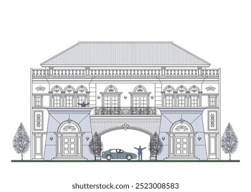 Fachada de simétrico edifício clássico de 2 andares com 6 pequenas colunas, 10 portas, 4 janelas, 2 coroas, telhado grande, um grande portão e um elementos trapezoidal.