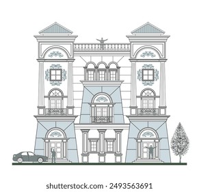 Facade of symmetrical 3 storey classic building with 3 trapezoidal elements, 7 columns, 2 doors, 9 windows, and 2 crowns