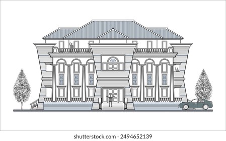 Facade of symmetrical 3 storey classic building with 3 trapezoidal elements, 6 columns, 2 doors, 18 windows and long roof

