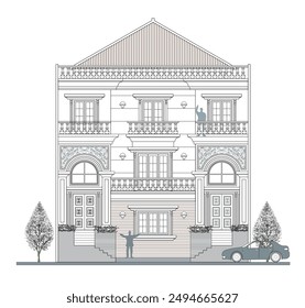 Facade of symmetrical 3 storey classic building with 2 crowns, 4 columns, 2 doors, 5 windows, 2 stairs and long balustrade