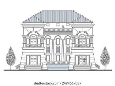 Facade of symmetrical 3 storey classic building with 2 trapezoidal elements, 6 columns, 4 doors, 6 windows, and 2 crowns