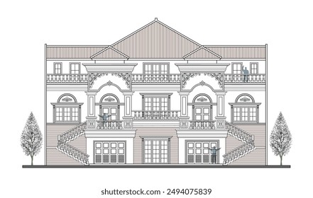 Facade of symmetrical 3 storeys classic building with 2 garage, 4 columns, 5 doors, 8 windows, and 2 crowns

