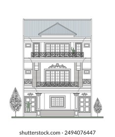 Facade of symmetrical 3 storeys classic building with 2 columns, 2 doors, 8 windows, long railing.

