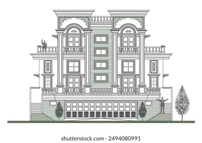 Facade of symmetrical 3 storeys classic building with big garage, 2 crowns, 4 columns, doors, windows.

