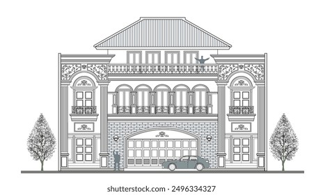 Facade of symmetrical  3 storeys classic house with a garage, 4 main columns, 4 doors, 9 windows, and 2 crowns.