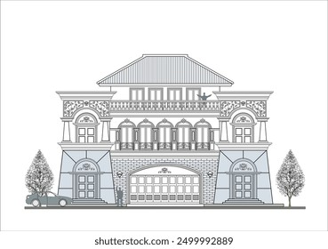 Fassade aus symmetrischem 3-stöckigem klassischem Haus mit großer Garage, 4 kurzen Säulen, 4 Türen, 9 Fenstern, 2 Kronen, 2 trapezförmigen Elementen und dreieckigem Dach.