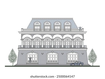 Facade of symmetrical  3 storeys classic house with 4 windows, 7 short columns, 3 main doors, 6 ancillary doors, crowns, a trapezoidal elements and roof.