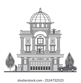 Fachada de simétrico edificio clásico de 3 pisos con 8 columnas, 2 puertas, 5 ventanas, una corona y escaleras, balaustrada y una gran cúpula.