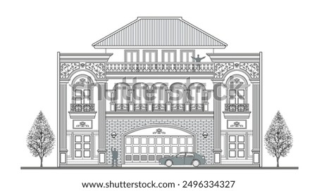 Facade of symmetrical  3 storeys classic house with a garage, 4 main columns, 4 doors, 9 windows, and 2 crowns.