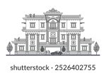 Facade of symmetrical  4 storeys classic building with 8 columns, 2 doors, 13 windows, a big crown, long balustrade and a gate.