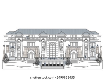 Fassade aus symmetrischem 4-stöckigem klassischem Gebäude mit großer Garage, 10 großen Säulen, 4 Türen, 10 Fenstern, 4 Kronen und 2 Trapezelementen