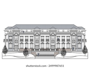 Facade of symmetrical  4 storeys classic building with a big garage, 10 large columns, 4 doors, 10 windows, 4 crowns, long balustrade and long roof