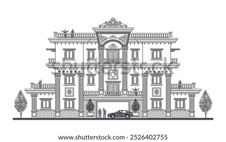 Facade of symmetrical  4 storeys classic building with 8 columns, 2 doors, 13 windows, a big crown, long balustrade and a gate.