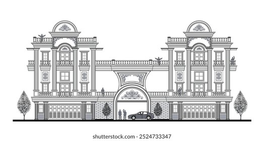 Facade of symmetrical  4 storeys modern classic building with 16 columns, 6 doors, 12 windows,3 crowns, long balustrade and a gate.