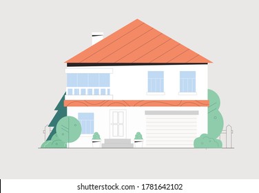 Facade of town house or cottage in modern style. Modern building with large windows isolated on white background, around green bushes and trees. Flat style vector illustration.