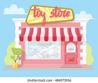 Facade toy store with a signboard, awning and playthings in shopwindow. Abstract image in a flat design. Front shop for Concept brochure or banner. Vector illustration isolated on blue background