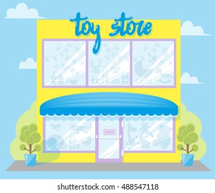 Facade toy store with a signboard, awning and silhouettes toys in shopwindow. Concept front store for design banner or brochure. image in a flat design. Vector illustration isolated on blue background