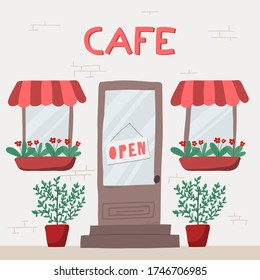 Facade Of The Traditional Cafe With A Open Sign. Hand Drawn Vector Illustration In Cartoon Style.