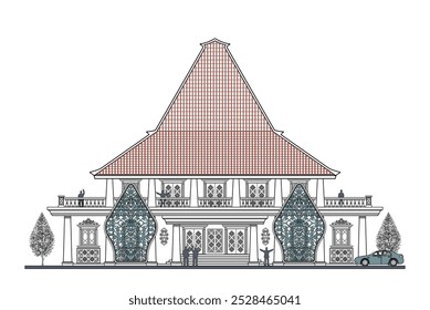 Fachada da tradicional casa simétrica javanesa com 14 colunas, 7 portas, 4 janelas, longa balaustrada, grande dossel e telhado alto que combinou com forma triangular e trapezoidal.