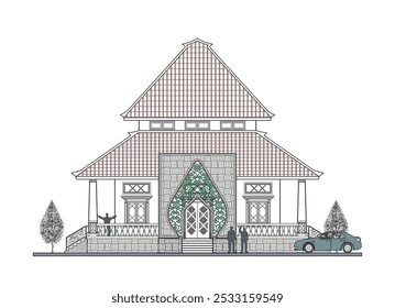 
Fachada da tradicional casa simétrica javanesa com 2 colunas, 5 janelas, uma porta, balaustrada, escadas, um elemento quadrado e telhado alto que combinou com forma triangular e trapezoidal.
