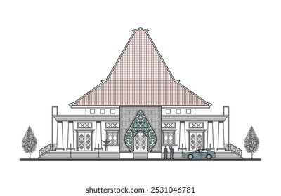 Fachada do tradicional edifício moderno simétrico javanês com 5 colunas, 6 portas, balaustrada, elementos trapezoidais e telhado alto que combinou com forma triangular.