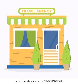 Facade travel agency. Travel agency building exterior. Idea of tourism and transportation. Tourism center office. Flat vector illustration.