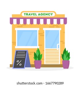 Facade travel agency. Travel agency building exterior. Idea of tourism and transportation. Tourism center office. Flat vector illustration.