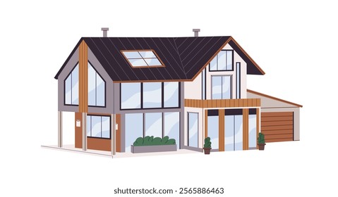 Facade of two story house for family. Residential home with mansard and garage. Modern exterior of townhouse villa, cottage front. Suburban real estate. Flat isolated vector illustration on white