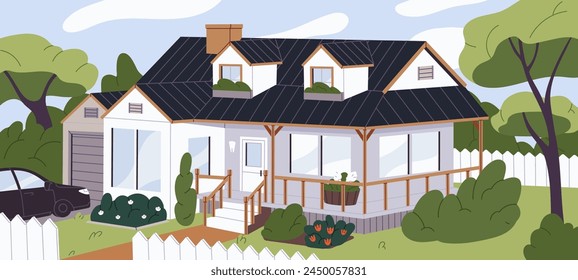 Facade of two story house with terrace. Outside of residential home with garden, mansard and garage. Exterior of townhouse villa, cottage front. Suburban real estate. Flat vector illustration