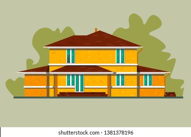 The facade of a two-storey brick house. Side View. Flat style vector illustration