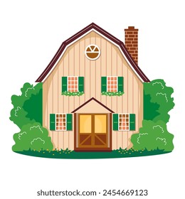 Facade of a two-story cottage surrounded by trees. Spring scene with house, lawn and trees. Illustrated vector clipart.