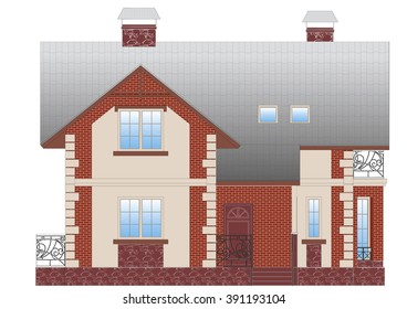 facade of the two-story house. a wall of bricks . metal railing and fencing . House on a white background .