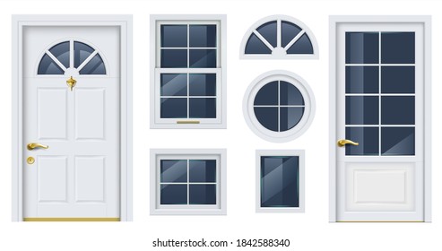 Facade vector templates. Set of white classic windows and doors