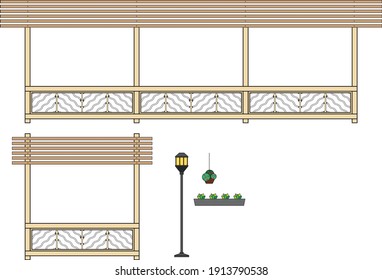 La fachada de la veranda. Veranda de madera, diseñada para gráficos de computadora y documentos de construcción.