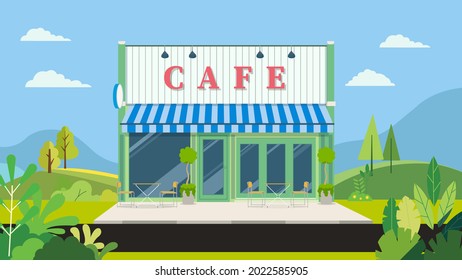 Facade vintage cafe with natural landscape.Vector illustration.Shop store with street in park.Flat market building natural scene.Cafe facade design with garden and sky background