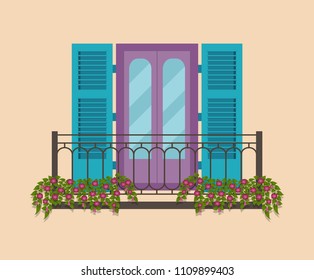 Facade of the vintage house with balconies. Vector flat illustration