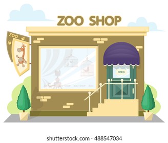 Facade zoo shop. Signboard with emblem giraffe, awning and symbol in windows. Concept front shop for design banner or brochure. image in a flat design. Vector illustration isolated on white background