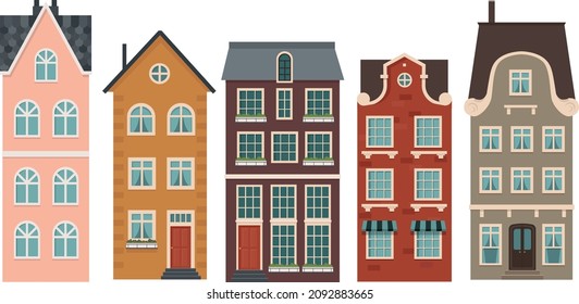 Facades of amsterdam. Cozy European houses, vector illustration set