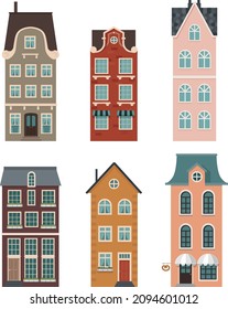 Facades of amsterdam. Cozy European houses, vector illustration set