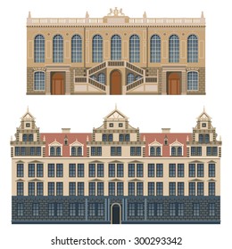 The facades of the buildings in the classical style. Color vector illustration.