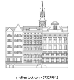 The facades of the buildings in the classical style in Prague. Line vector illustration.