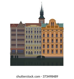 The facades of the buildings in the classical style in Prague. Houses with reflection in the river. Color vector illustration.