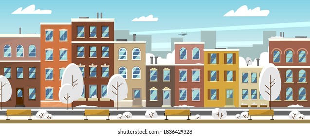 Facades of city buildings in winter. American street with residential high-rise buildings, a park with benches. City panorama concept. Flat style vector cartoon illustration.