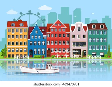 Facades of cute european old buildings. Detailed graphic houses set. Old town, water reflection and boat. Flat style vector illustration. 