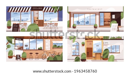 Facades of modern cafes, coffee shops and restaurants with summer terraces and furniture on street. Set of empty city cafeterias. Colored flat vector illustration isolated on white background