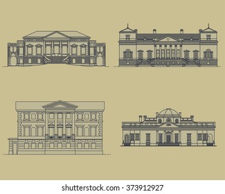 Facades of old buildings in line style 