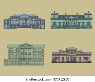 Facades of old buildings in line style 